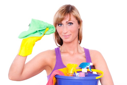 Cleaner starting work with safety awareness in a clean indoor setting