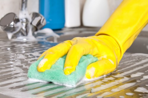 Cleaning treatment being applied to a paved patio surface